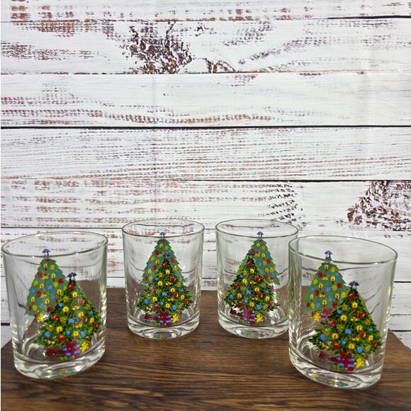 VTG Action Industries Christmas Tree Rocks Glasses Set Of 4 Holiday - Picture 1 of 9